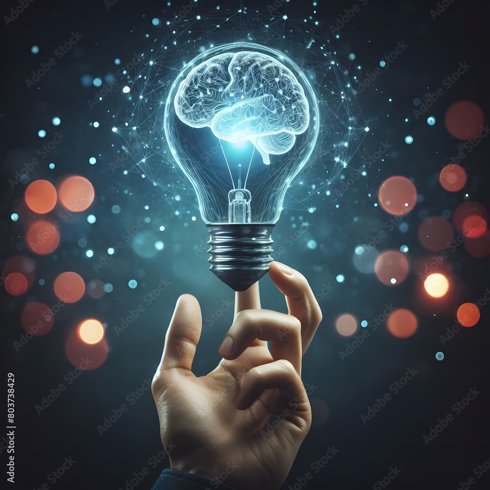 Poster conceptual image of human hand holding lightbulb in form of brain generated by ai