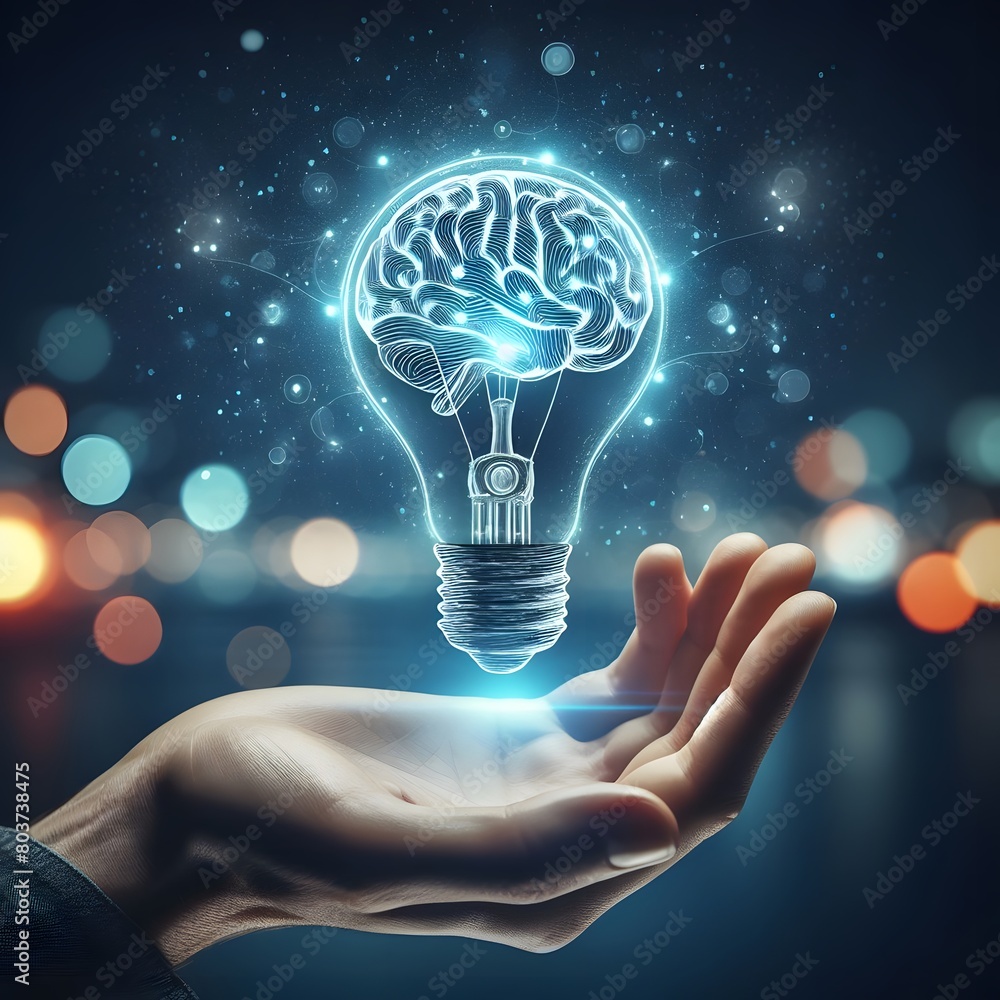Poster conceptual image of human hand holding lightbulb in form of brain generated by ai