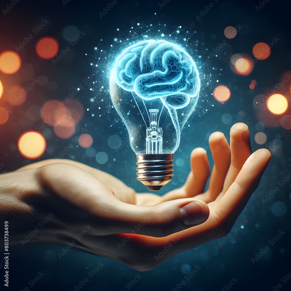Poster conceptual image of human hand holding lightbulb in form of brain generated by ai