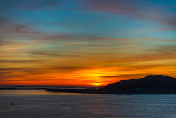 top view of a sunset over Alesund during a sunny spring evening, Norway