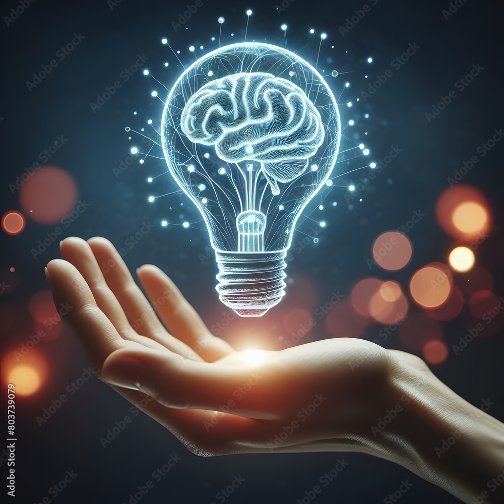 Aufkleber conceptual image of human hand holding lightbulb in form of brain generated by ai