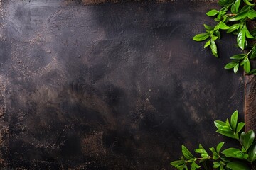 fresh green leaves on dark wooden background