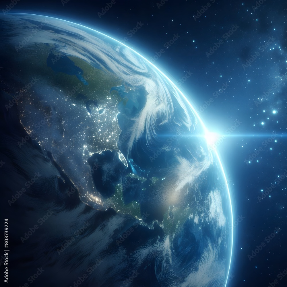 Poster planet earth in space with blue glowing lines and stars. 3d rendering generated by ai