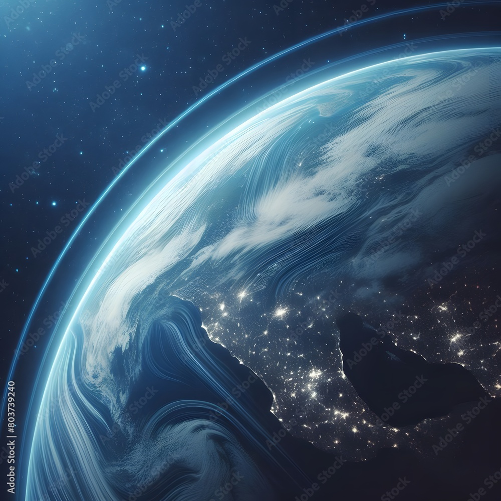 Poster planet earth in space with blue glowing lines and stars. 3d rendering generated by ai
