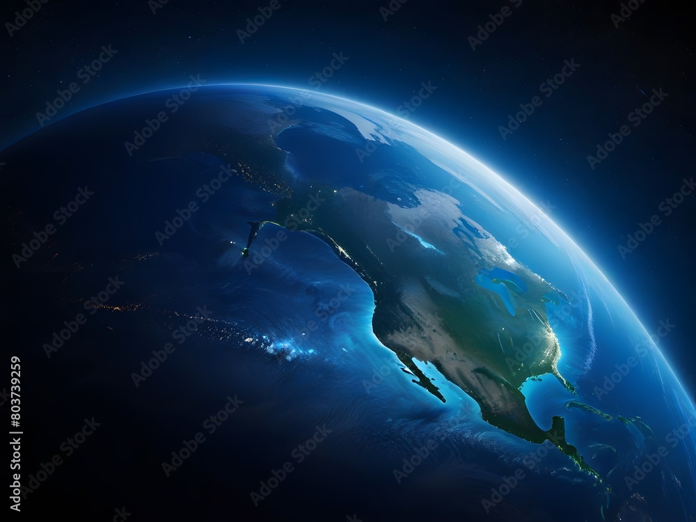 Poster planet earth in space with blue glowing lines and stars. 3d rendering generated by ai