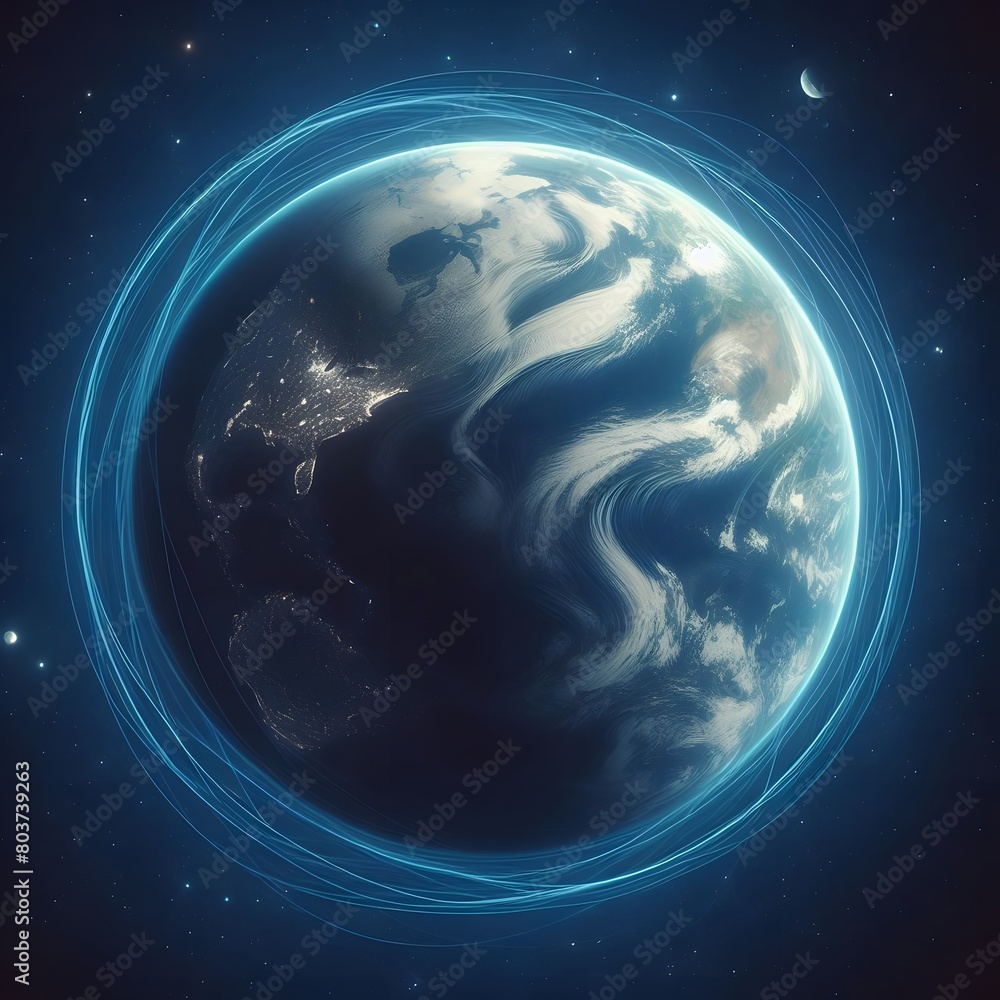 Poster planet earth in space with blue glowing lines and stars. 3d rendering generated by ai