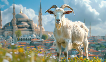Obraz premium Goat standing on a hill with a view of a big mosque background. Eid al-adha concept Generative AI