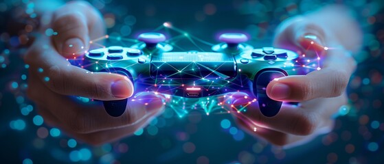 Hand holding game controller with digital screen showing gaming interface, blurred background of video games room, focus on hand and gamepad, hightech gaming environment, purple neon light effect.