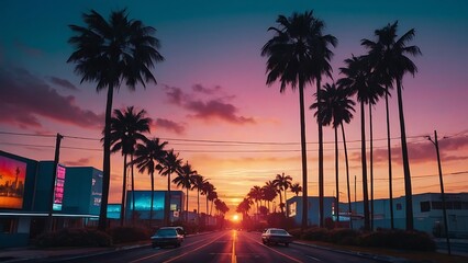 Obraz premium sunset in the city Synthwave Sunset Retro-futuristic Cityscape