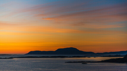 top view of a sunset over Alesund during a sunny spring evening, Norway