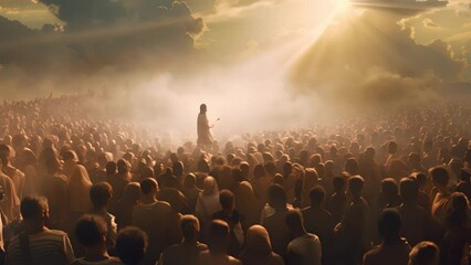 Jesus preached to a crowd of people. All ages and genders are listening intently. Moments before the miracle.