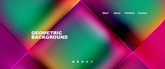 A vibrant geometric background featuring a rainbow of colors including azure, purple, violet, and magenta. The pattern consists of triangles, circles, and tints and shades of electric blue