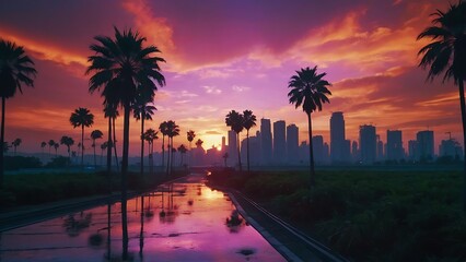 sunset at the beach Synthwave Sunset Retro-futuristic Cityscape