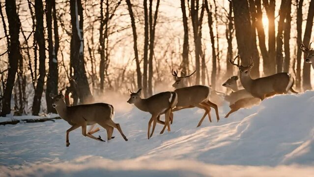 deers running in the snow
