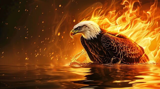 Beautiful eagle reflecting in water with flame. cartoons. Illustrations