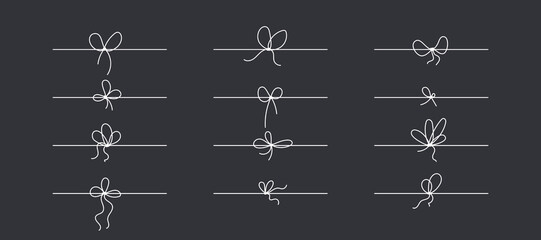 Line bows on ribbon for gift decoration. String with rope knots in doodle style, simple thin line wedding elements isolated on black background