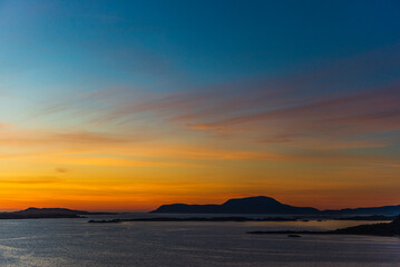 top view of a sunset over Alesund during a sunny spring evening, Norway