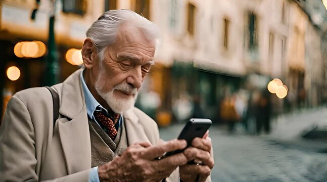 &Auml;lterer Mann mit Smartphone in der Hand | Stadtleben