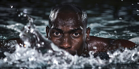 close up of an African American male swimmer in the water, generative AI