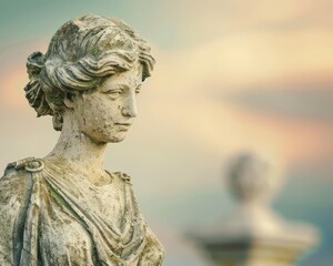 Obraz premium Weathered stone statue of a female figure against a colorful sky