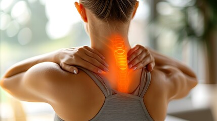 Back view.  close-up of a woman's head and neck. She is using both hands to support her shoulders, with an X-ray effect depicting the cervical spine and a highlighted focus on the neck.