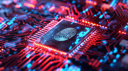 A close-up photograph capturing an integrated circuit with biometric scanning technology, showcasing the silhouette of a fingerprint on one chip. Surrounding the fingerprint are glowing data streams 