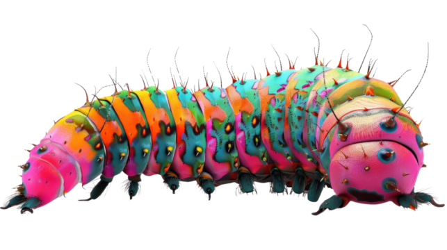 A multi-colored fuzzy caterpillar, with bulbous head and segmented body in isolated on transparent background