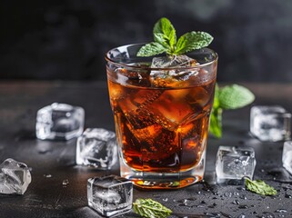 refreshing iced cocktail with mint leaves