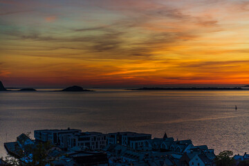 top view of a sunset over Alesund during a sunny spring evening, Norway