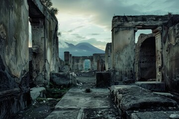 Discover the ancient ruins of a city buried beneath layers of volcanic ash, its crumbling buildings a haunting reminder of the power of nature, Generative AI