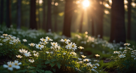 Flowers in a forest background, spring time sunset or sunrise in forest