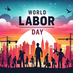 World Labor Day concept with workers silhouettes on sunset background. Vector illustration generated by ai