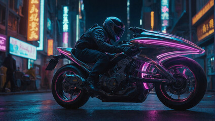 "Futuristic City Night: 8K Octane 3D Render with Cyber Neon Lighting and Motorcycles"Sport Motorcycle Bike Rider in Panning Style,futuristic mini touring bike neon color cinematic anime bike with bu


