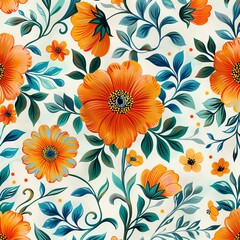 a close up of a floral pattern with orange flowers and green leaves