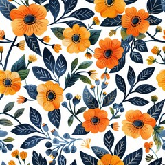 a close up of a floral pattern with orange flowers and green leaves