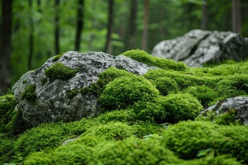 Moss carpets the boulder's silent ascent.