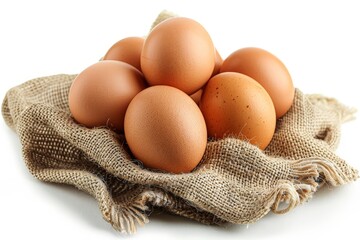 three eggs are sitting on a burlock cloth on a white surface