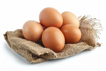 three eggs are sitting on a burlock cloth on a white surface