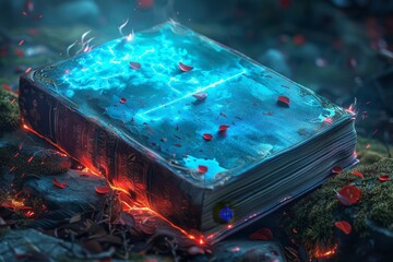 there is a book with a blue flame on it sitting on a table