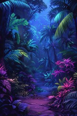 a close up of a pathway in a jungle with trees and plants