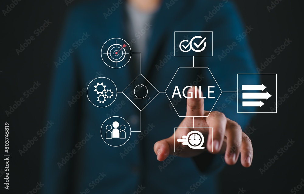 Aufkleber Businessman working on virtual touchscreen of future and sees flowchart with word: AGILE. Agile development software business web computer agility nimble quick fast start up concept.