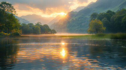 A breathtaking view of the Ural Mountains at sunrise, with the Sun Lake in foreground and...