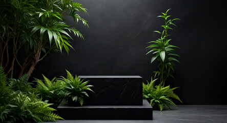 Stone podium for product display stand, Black display stand with plants, leaves and wall background