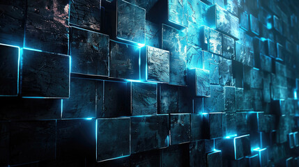 Wall of cubes highlighted with blue neon light, abstract futuristic background