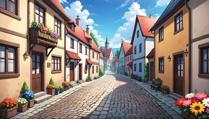 Obraz premium Cobblestone street in a small town with houses and colorful flowers, generative ai illusration
