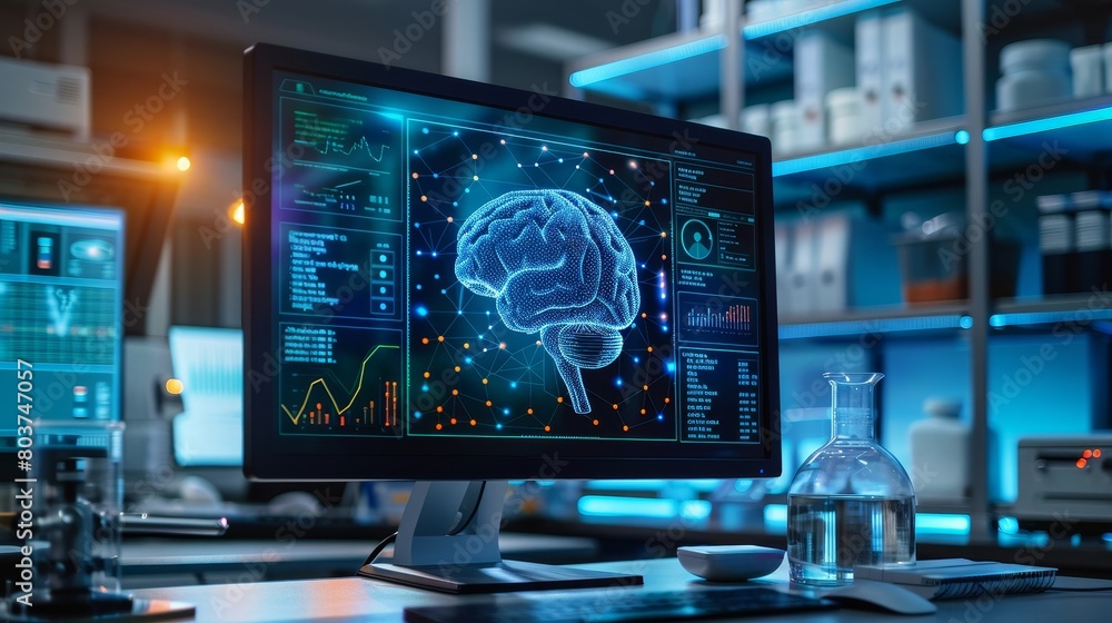 Poster advanced on monitor in laboratory neuroscience and scan brain