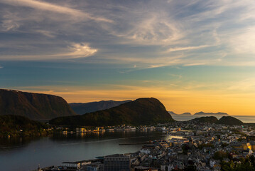 top view of a sunset over Alesund during a sunny spring evening, Norway