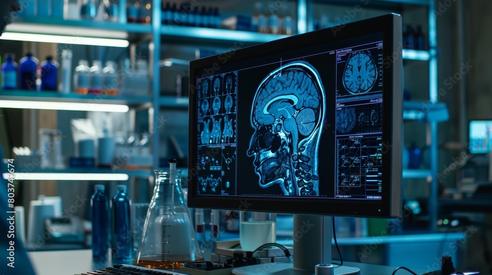 Poster advanced on monitor in laboratory neuroscience and scan brain