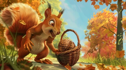 A cartoon art style image of a mischievous squirrel stealing an oversized acorn from a picnic basket. cartoons. Illustrations