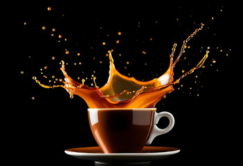 A cup of black coffee with a splash, on a black background with space for text